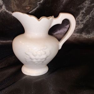 Vintage white crackled pitcher with grapes design, by Savage California